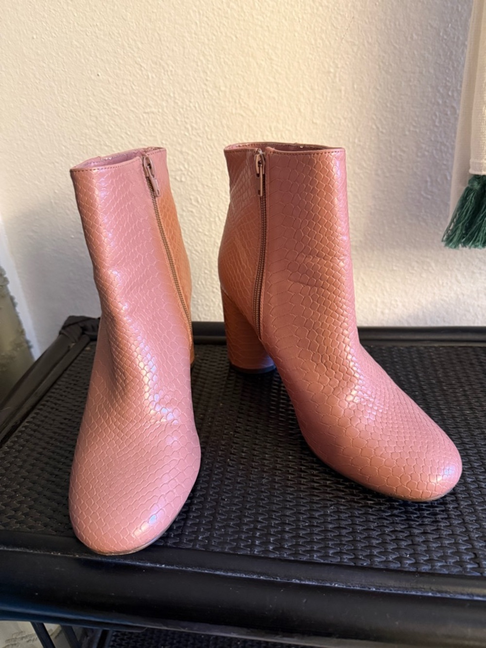 Pink Textured Ankle Boots with Block Heel